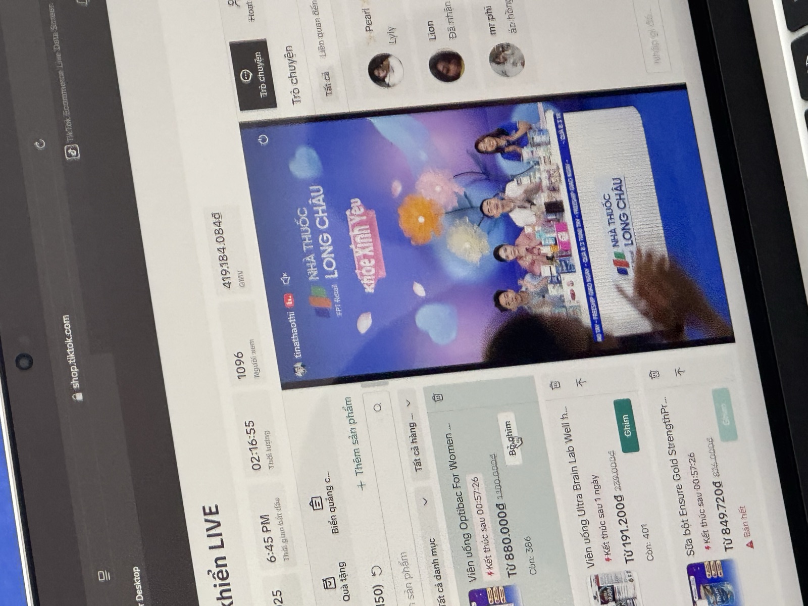 TikTok Shop live dashboard showing 419,184,084 VND GMV