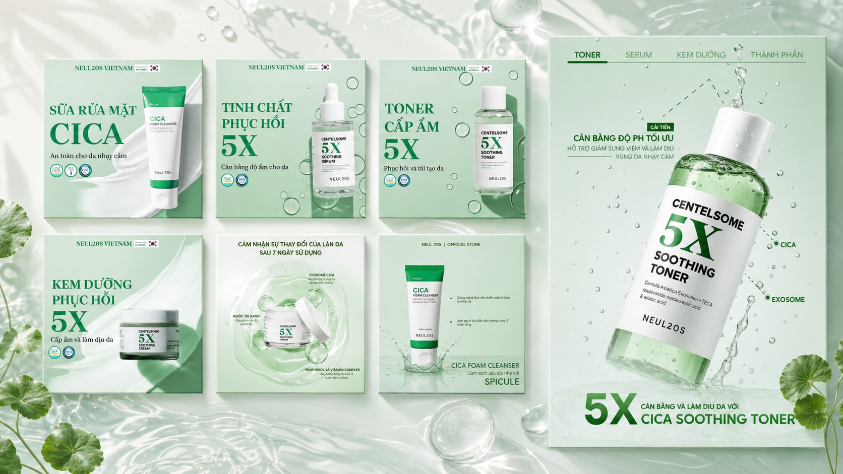 NeuL20s cleanser, serum, toner and cream campaign creative system